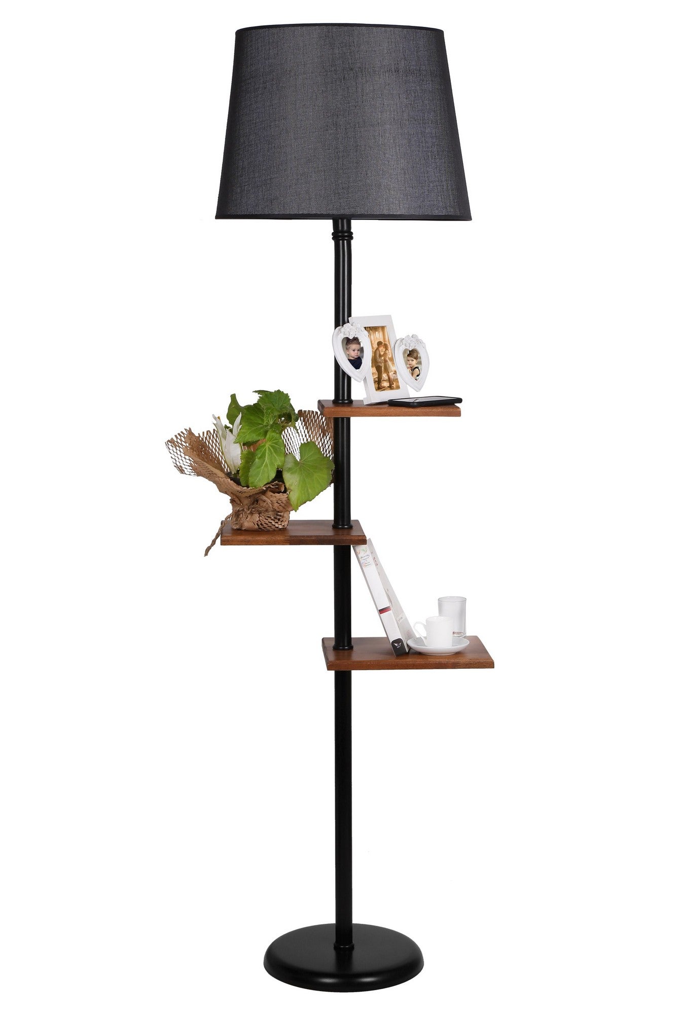 Lampadaire 3 étagères Astu H170cm Métal Noir, Bois foncé et Tissu Noir Brillant