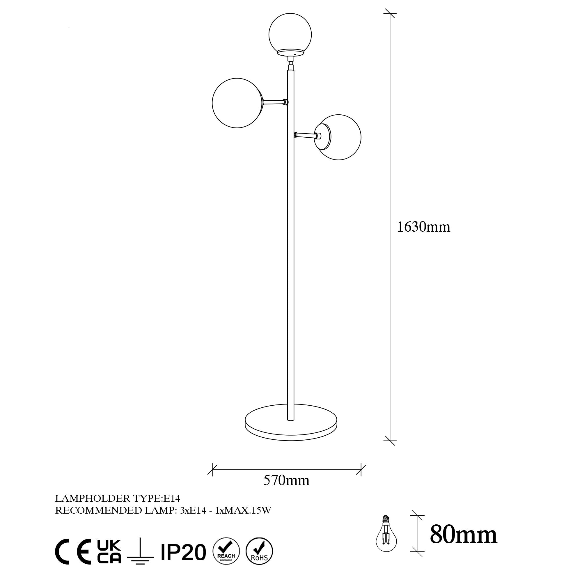 Lampadaire 3 lampes sphériques Hulla H163cm Verre Transparent et Métal Or