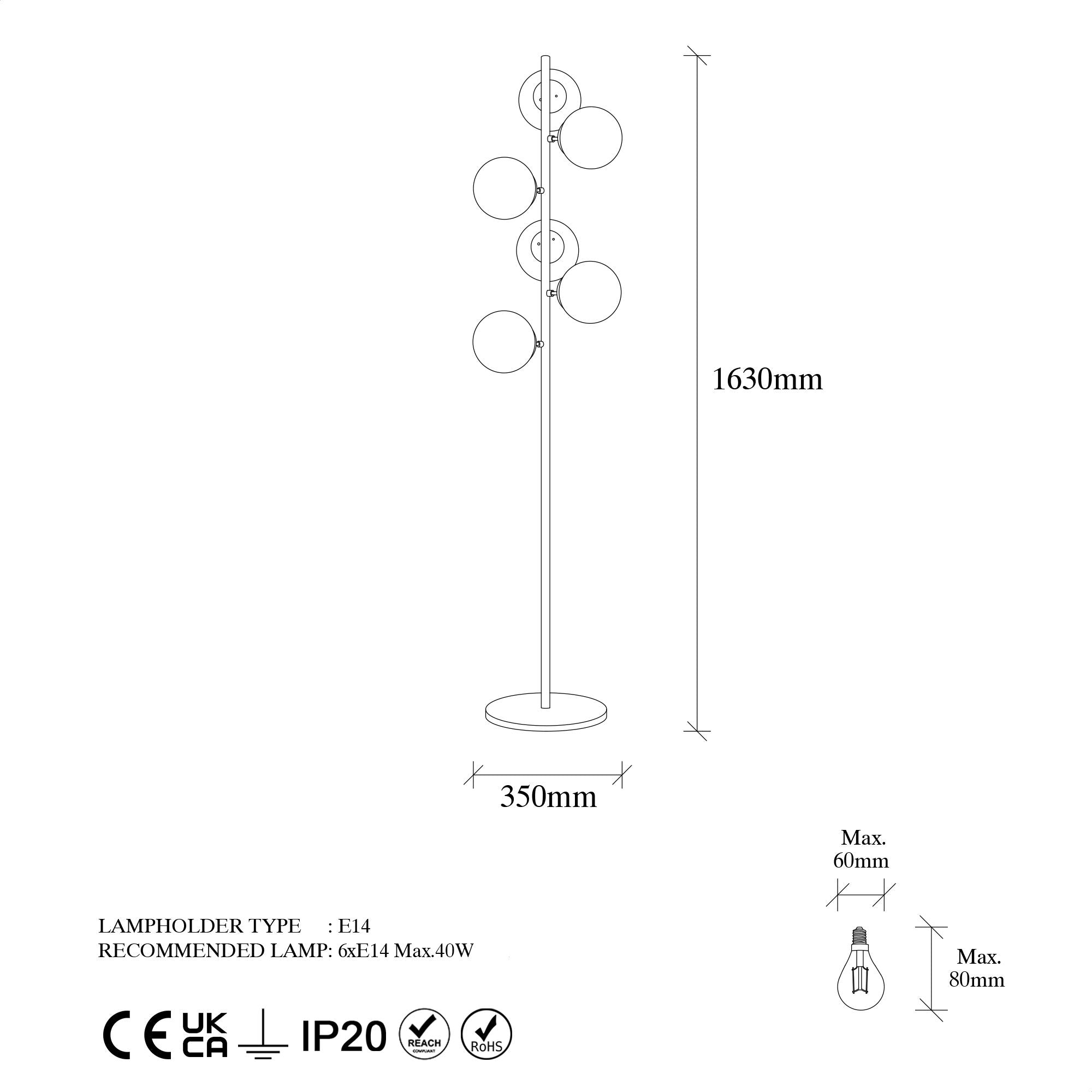 Lampadaire 6 lampes sphériques Bulla H163cm Verre Transparent et Métal Or