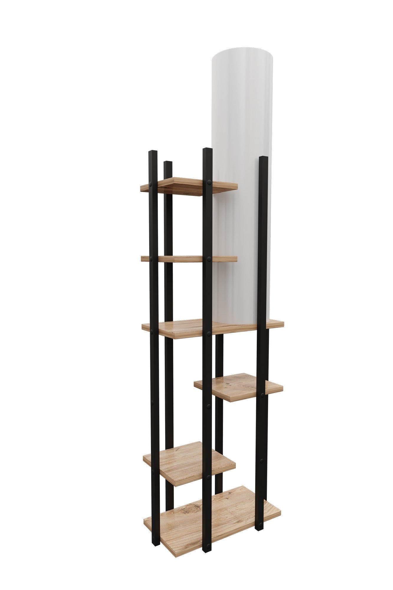 Lampadaire avec étagère au sol Ulkady H160cm Bois clair et Noir et Tissu Blanc