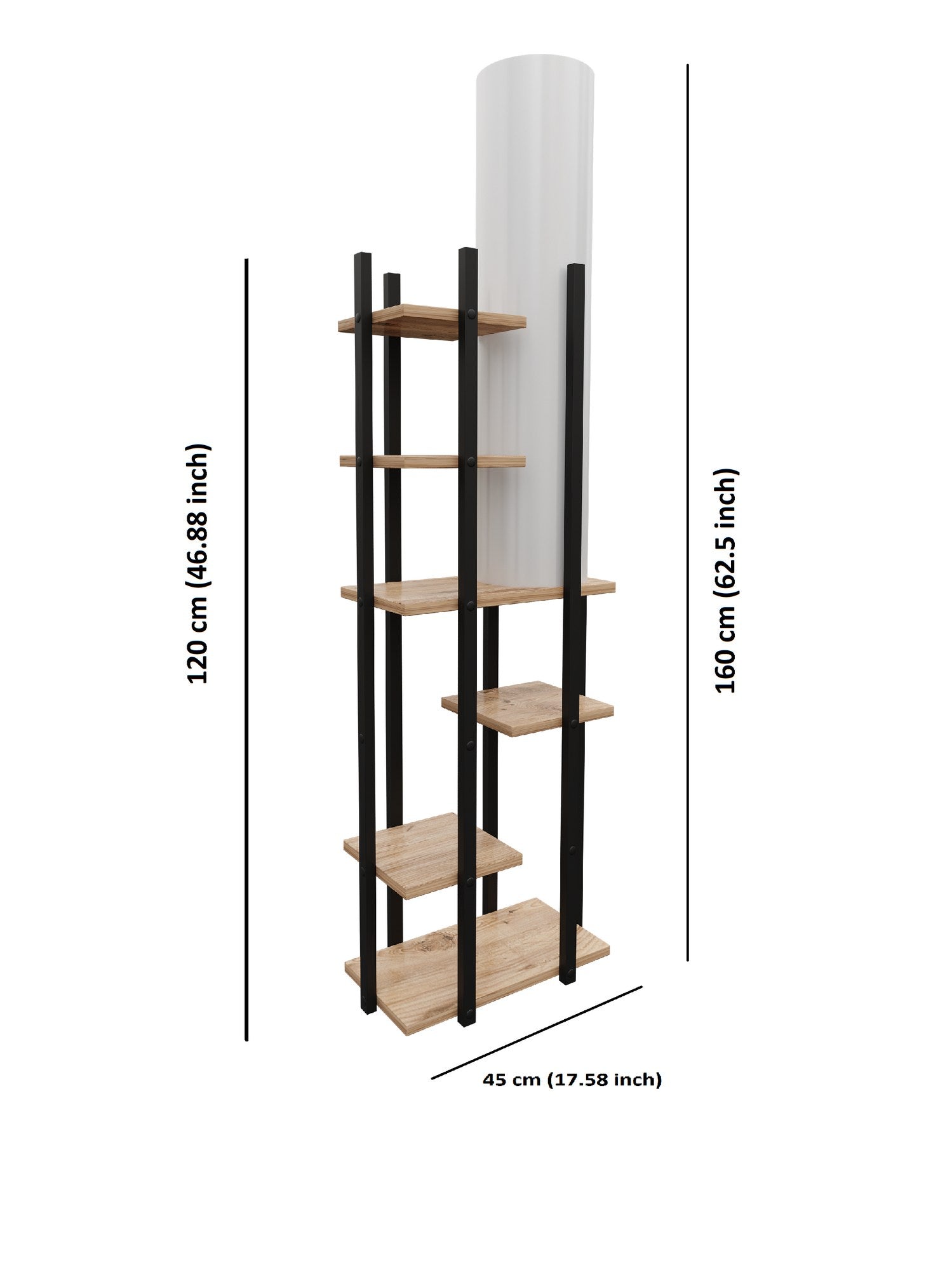 Lampadaire avec étagère au sol Ulkady H160cm Bois clair et Noir et Tissu Blanc