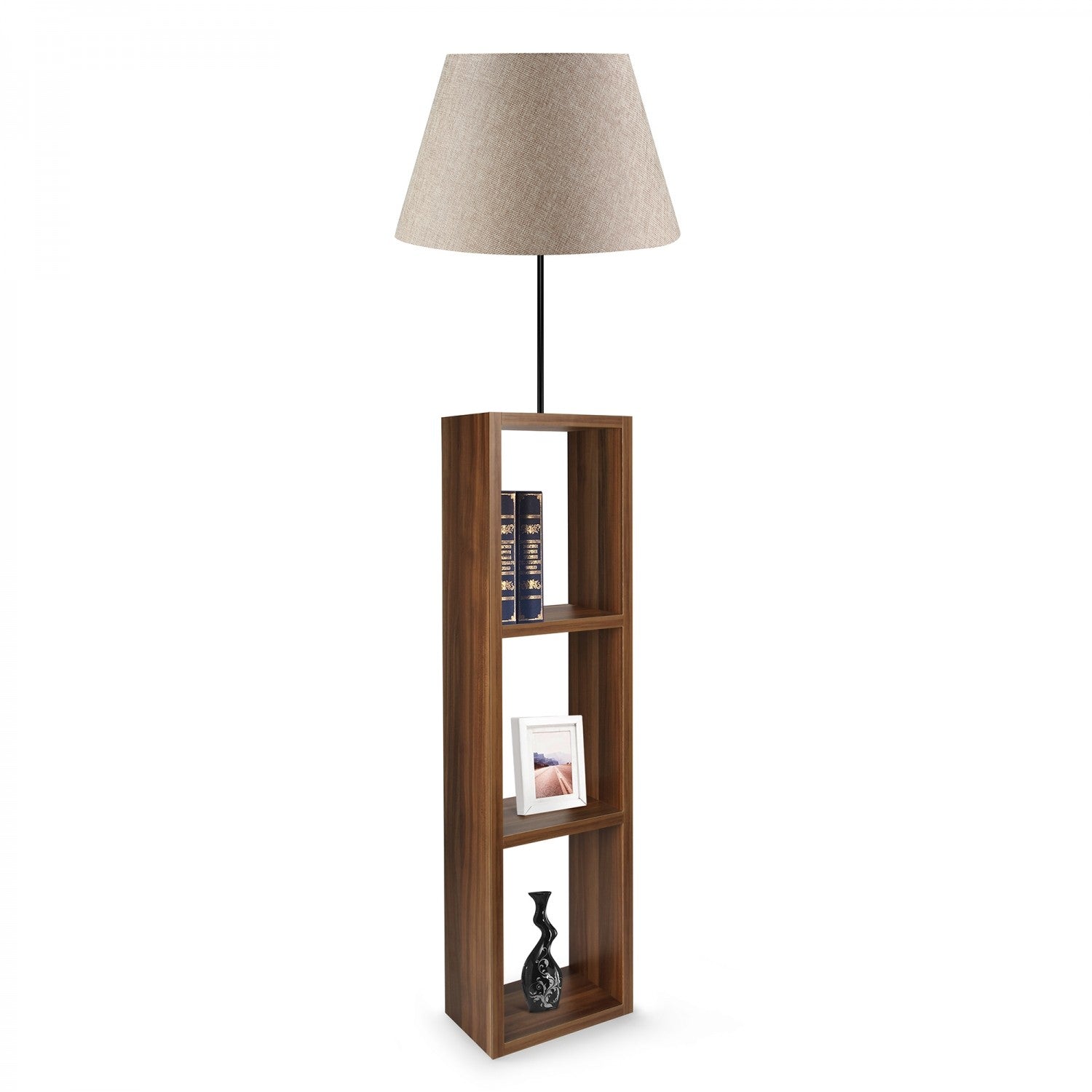 Lampadaire combiné 3 étagères Accensola Tissu Beige et Bois Marron