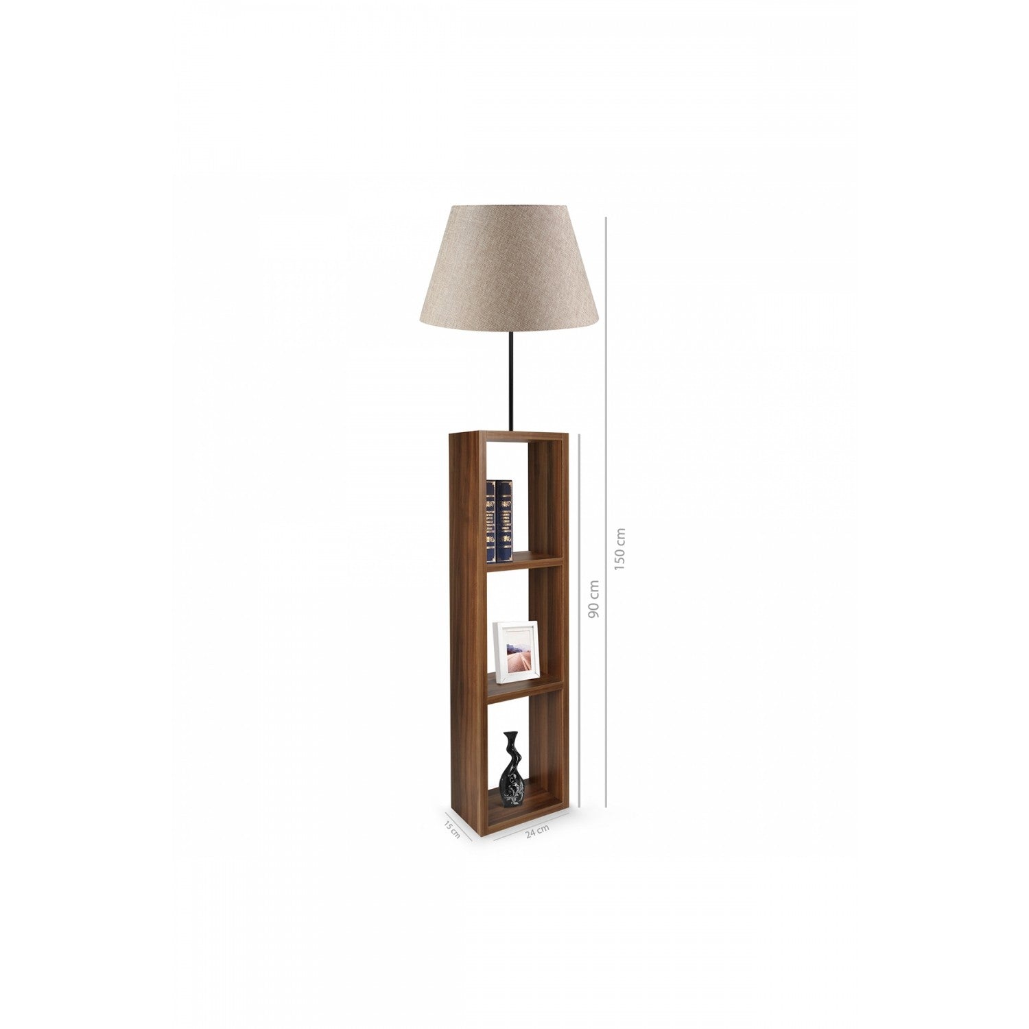 Lampadaire combiné 3 étagères Accensola Tissu Beige et Bois Marron