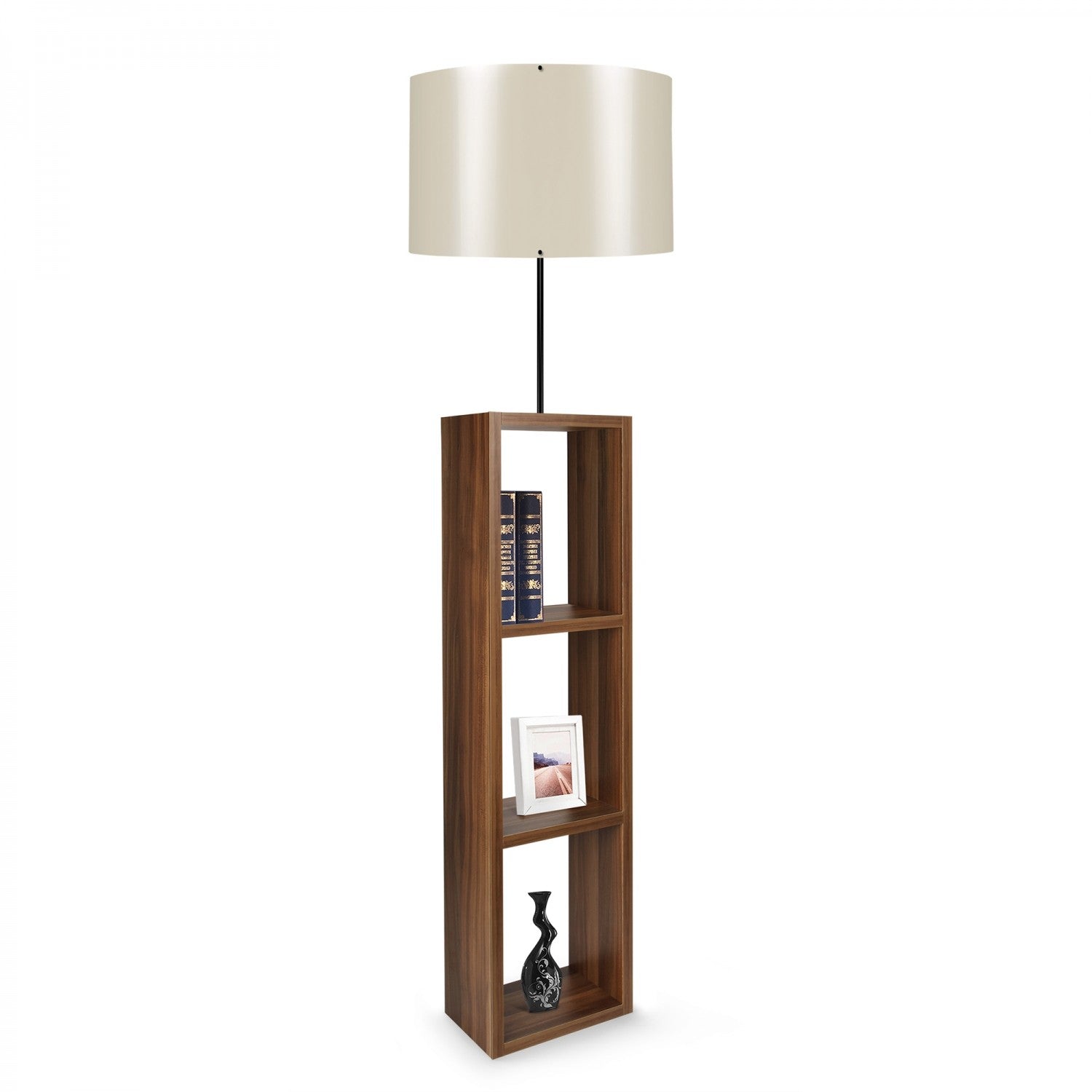 Lampadaire combiné 3 étagères Taura Tissu Blanc brillant et Bois Marron