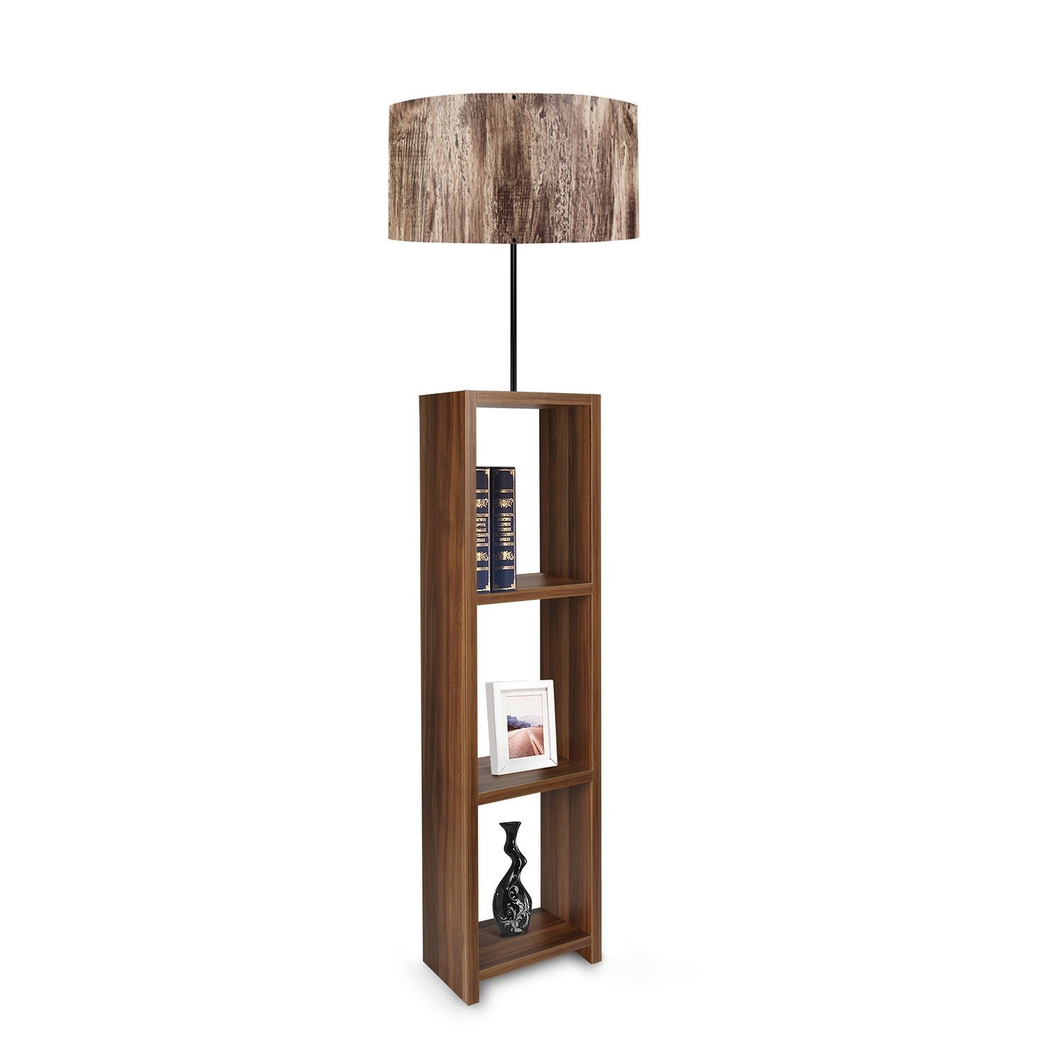 Lampadaire combiné 3 étagères Taura Tissu effet Bois Naturel et Bois Marron