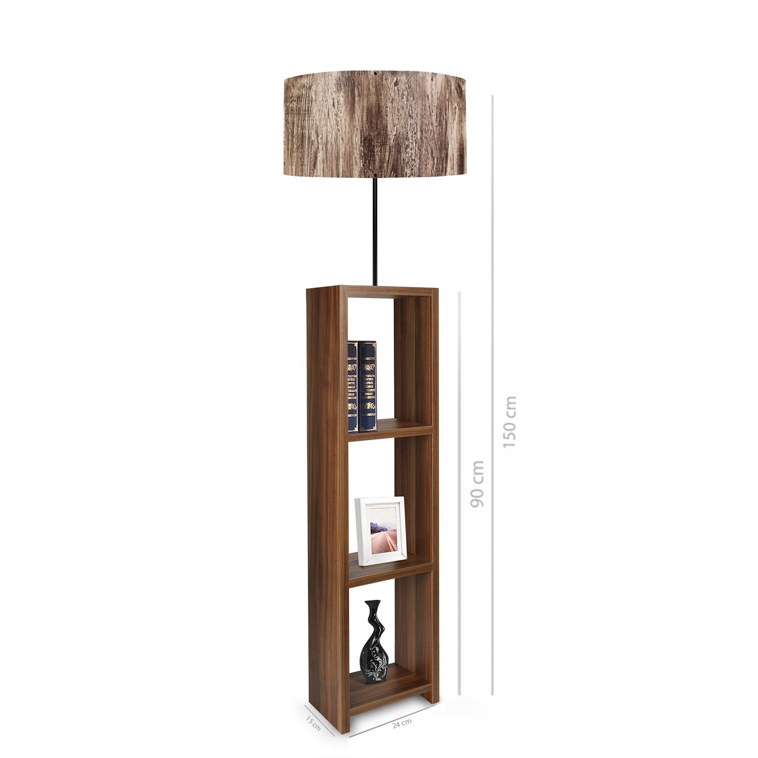 Lampadaire combiné 3 étagères Taura Tissu effet Bois Naturel et Bois Marron