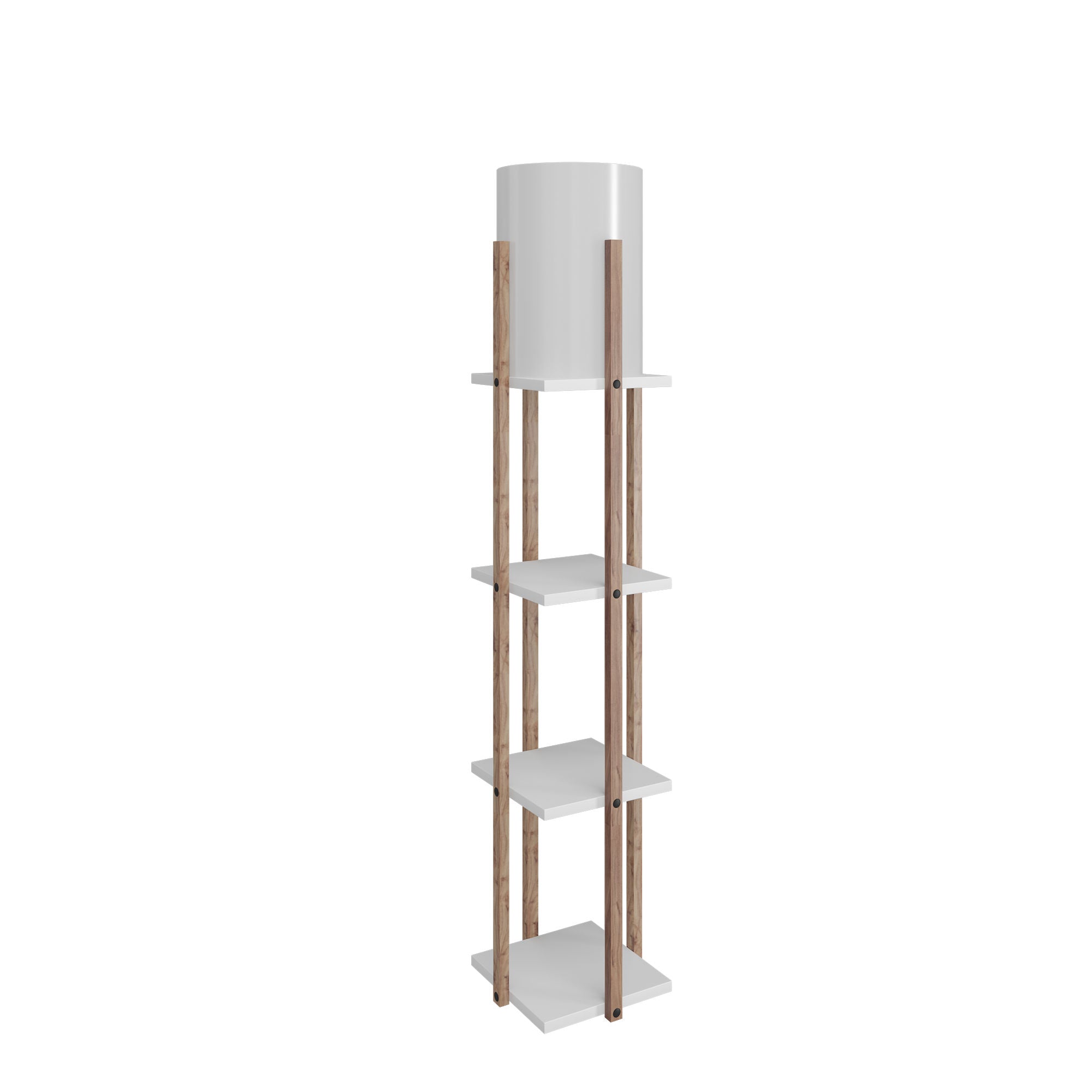 Lampadaire combiné 3 étagères Ulkoda 135cm Bois Naturel et Blanc et Tissu Blanc