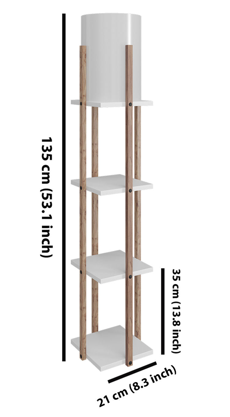 Lampadaire combiné 3 étagères Ulkoda 135cm Bois Naturel et Blanc et Tissu Blanc