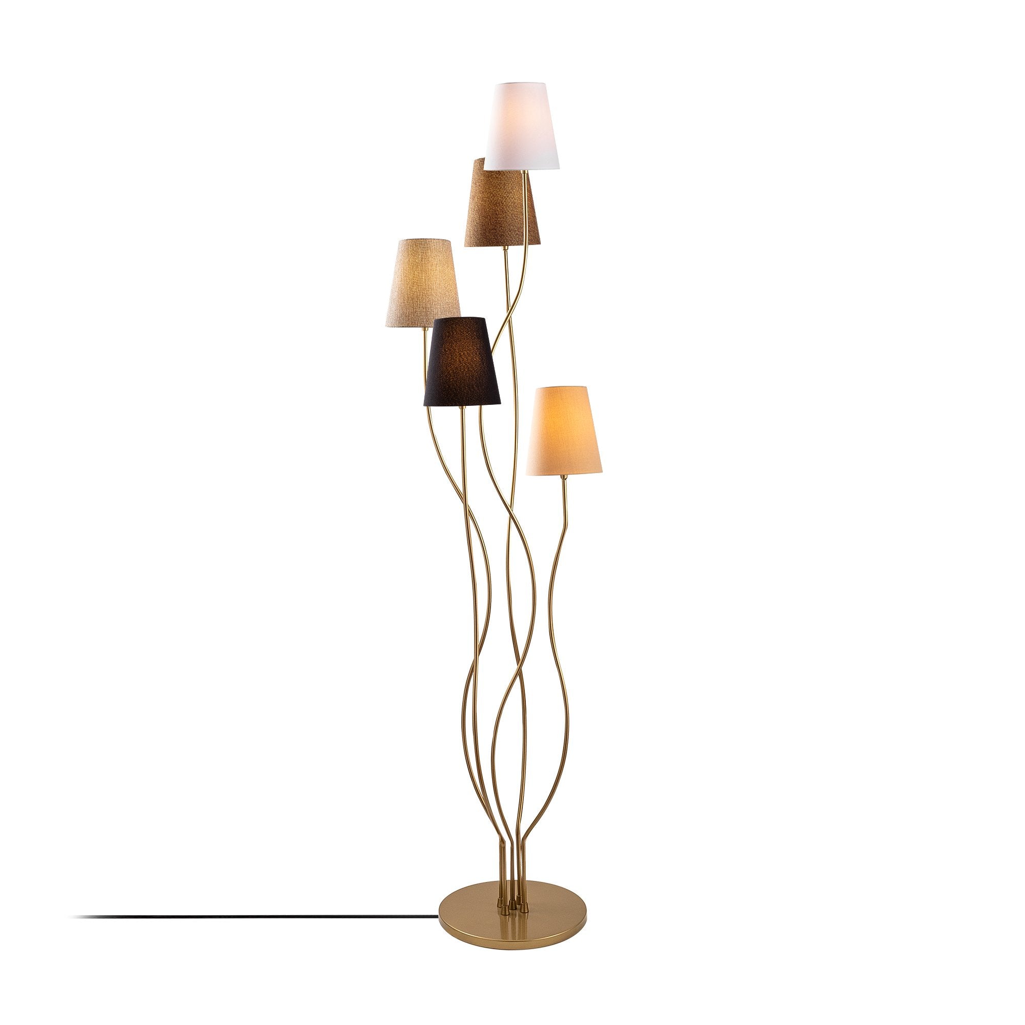 Lampadaire design 5 lampes Roselin H160cm Métal Or et Tissu Blanc, Marron, Beige, Gris et Noir