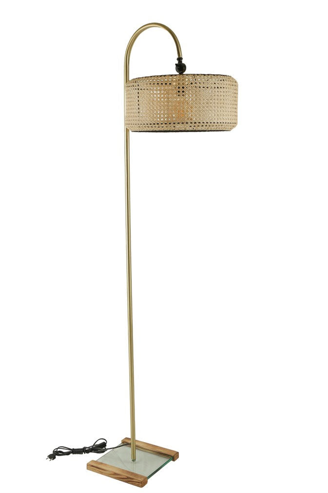 Lampadaire en cloche Noah H165cm Métal Or et Rotin Beige