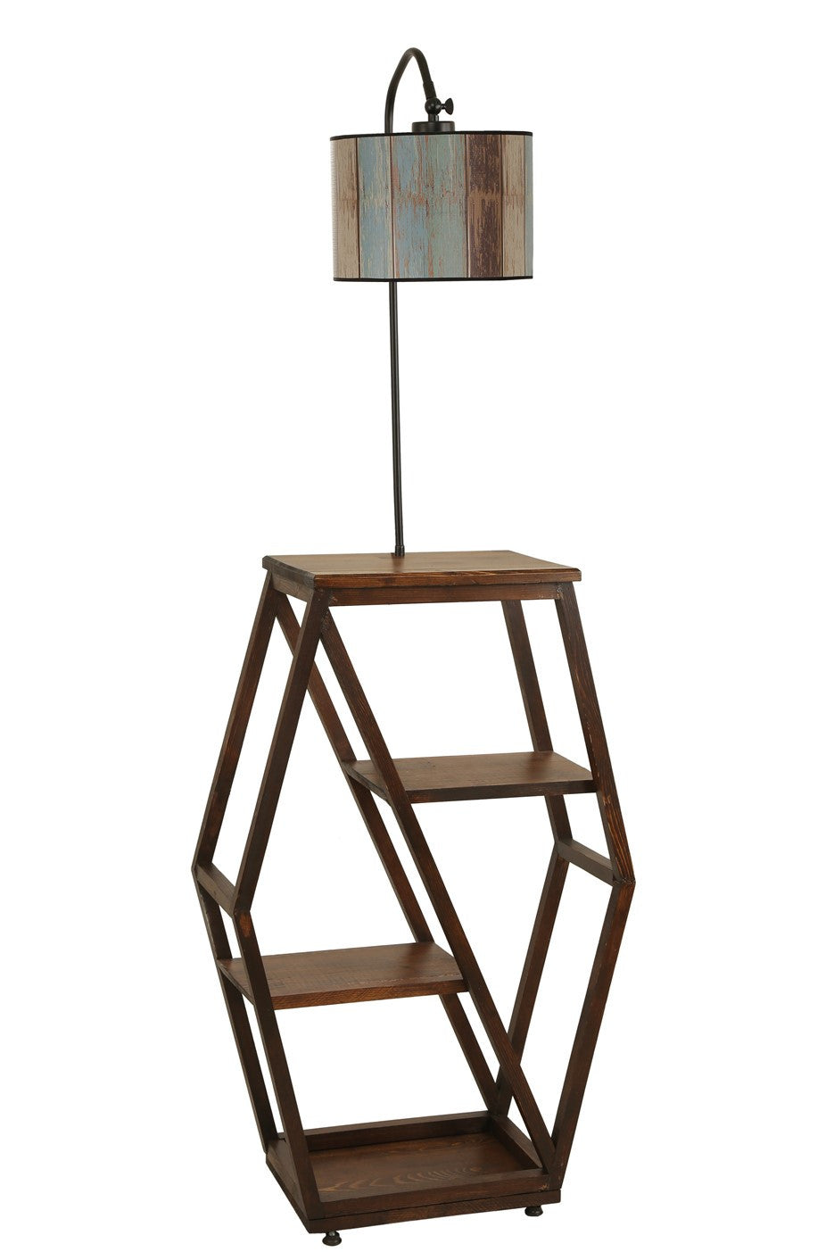 Lampadaire étagère Heilen H165cm Bois foncé, Métal Noir et Tissu Motif Planche de bois