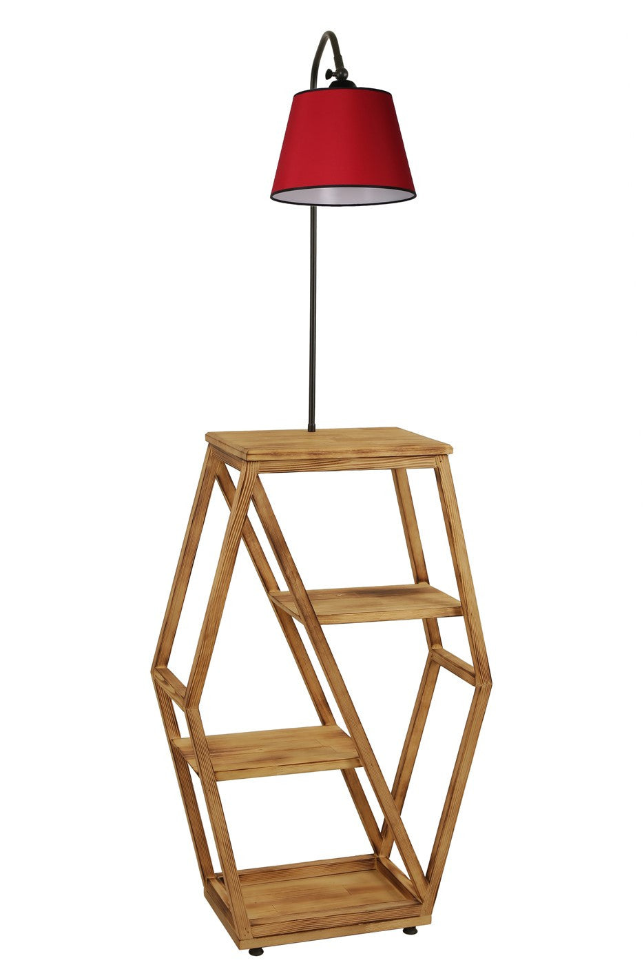 Lampadaire étagère Merel H165cm Bois clair, Métal Noir et Tissu Rouge