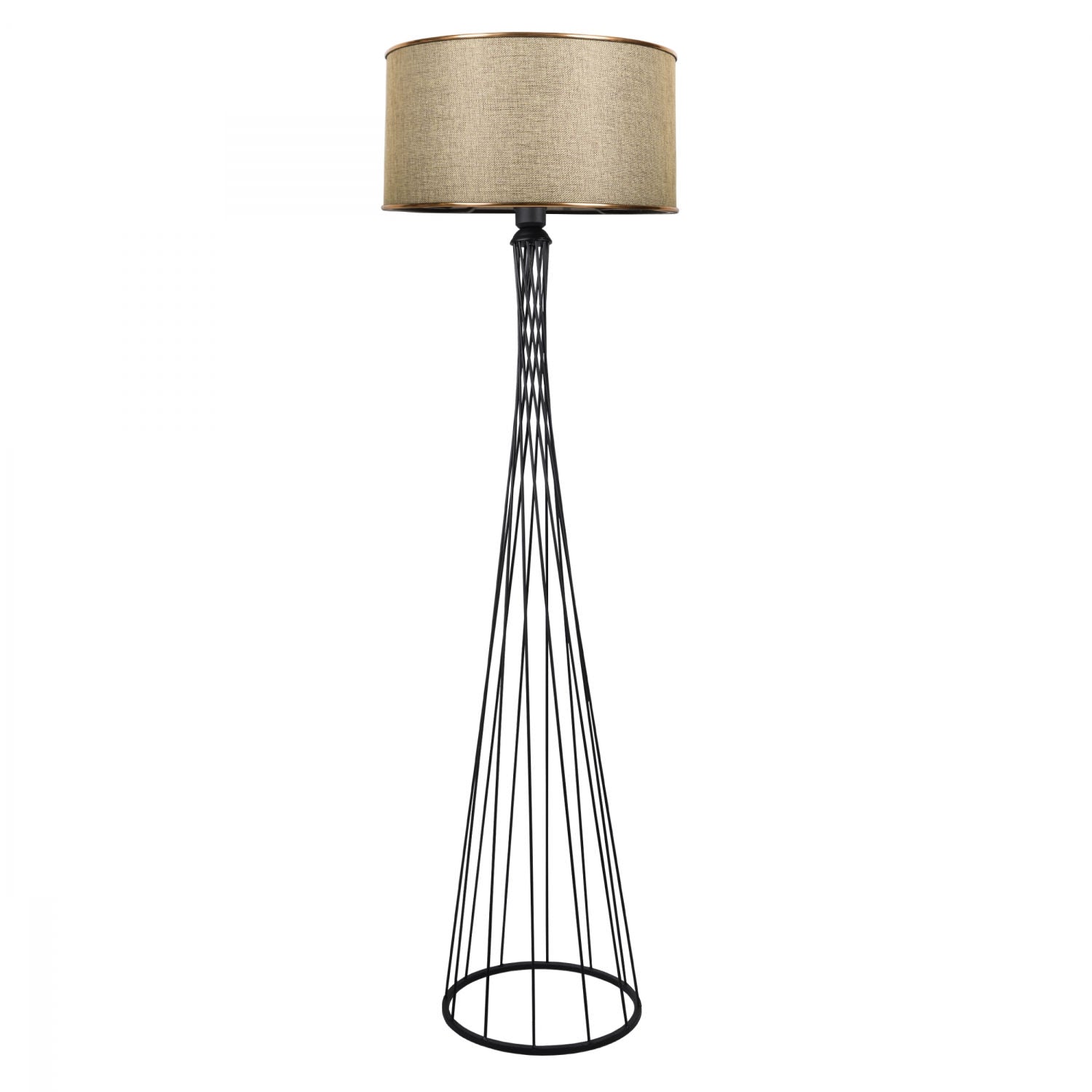 Lampadaire pied filaire Vetin H143cm Métal Noir et Tissu Beige et Or