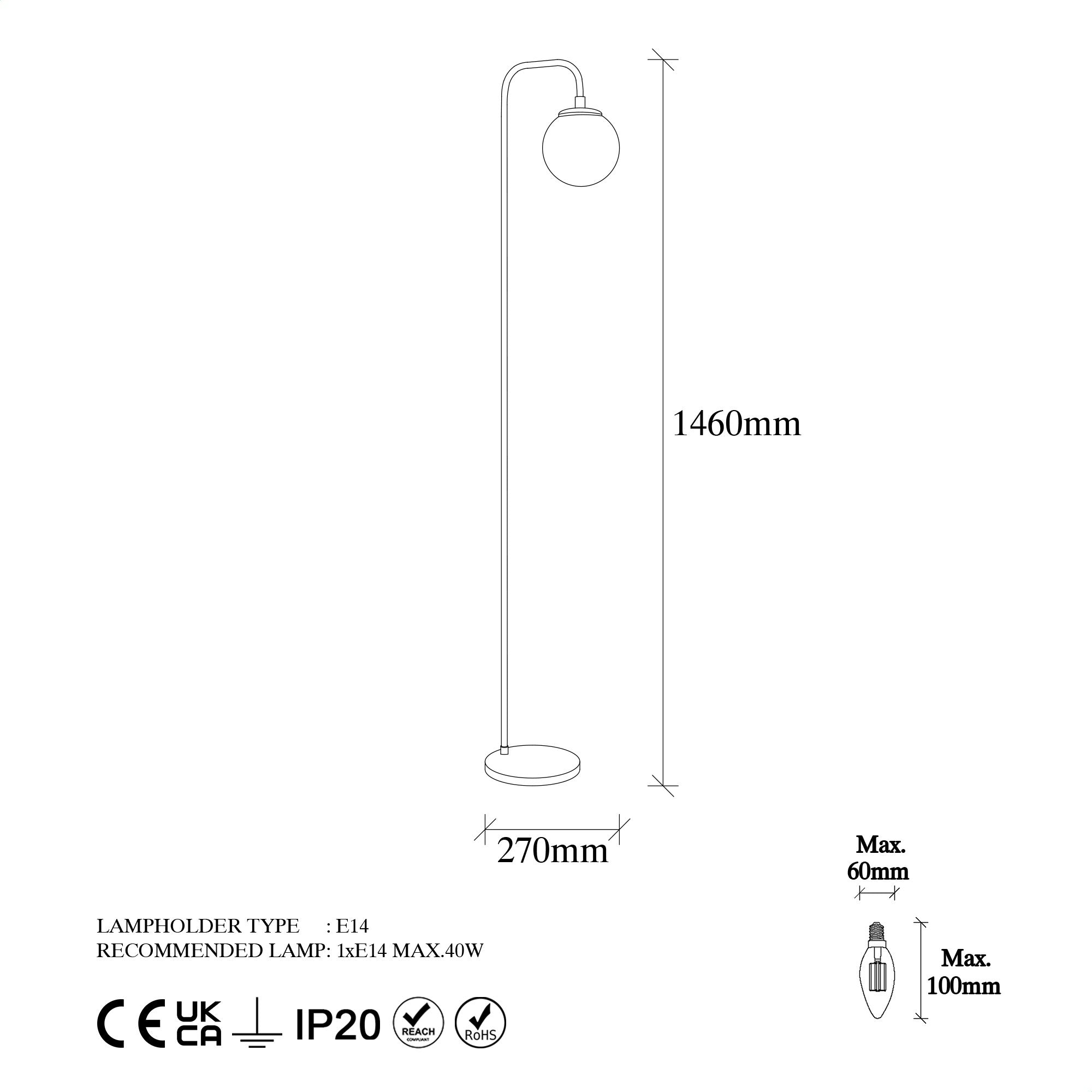 Lampadaire Rodres H146cm Métal Or antique et Verre Transparent