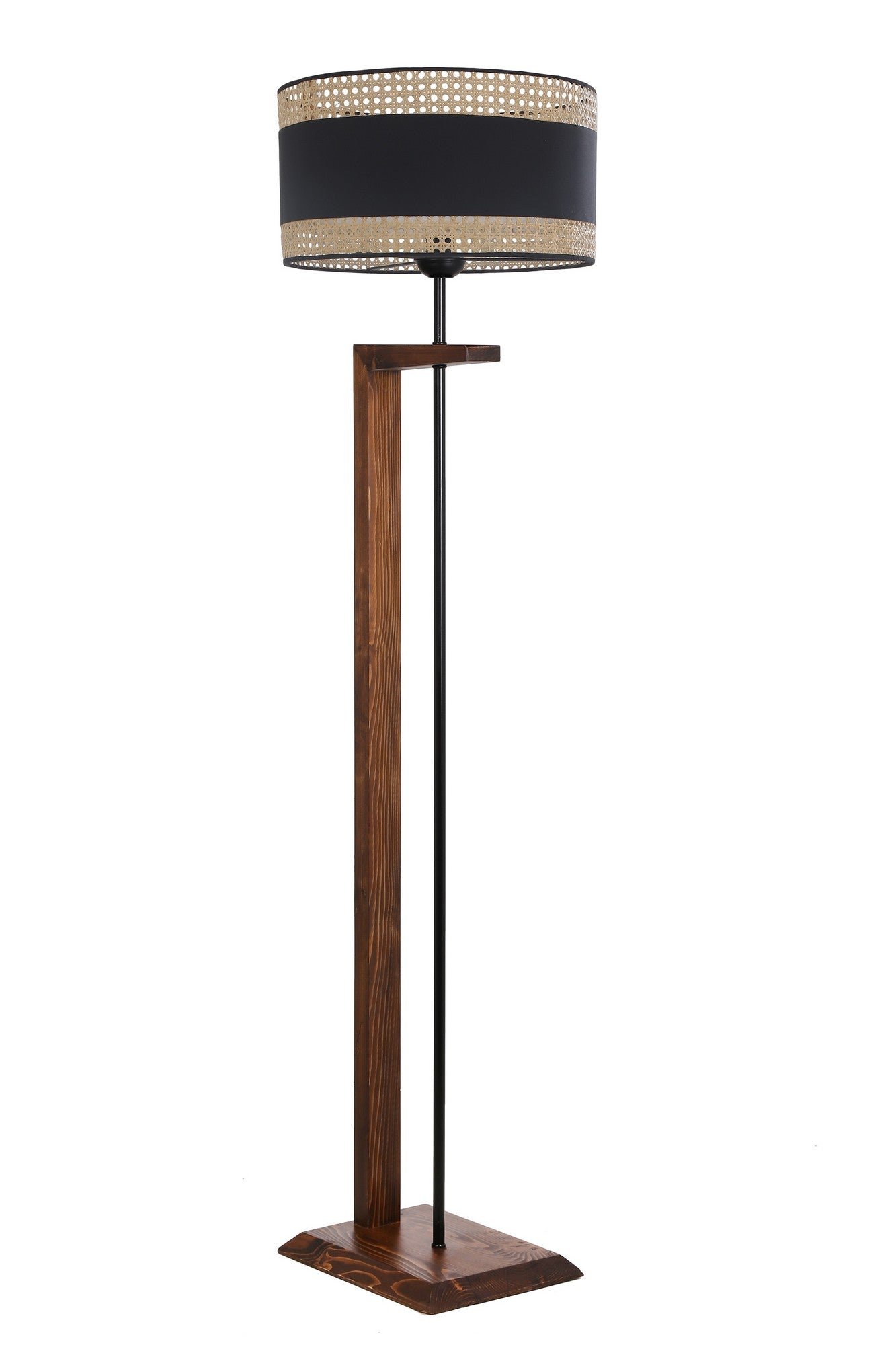 Lampadaire Soleta H165cm Métal Effet Bois foncé, Rotin Beige et Tissu Noir