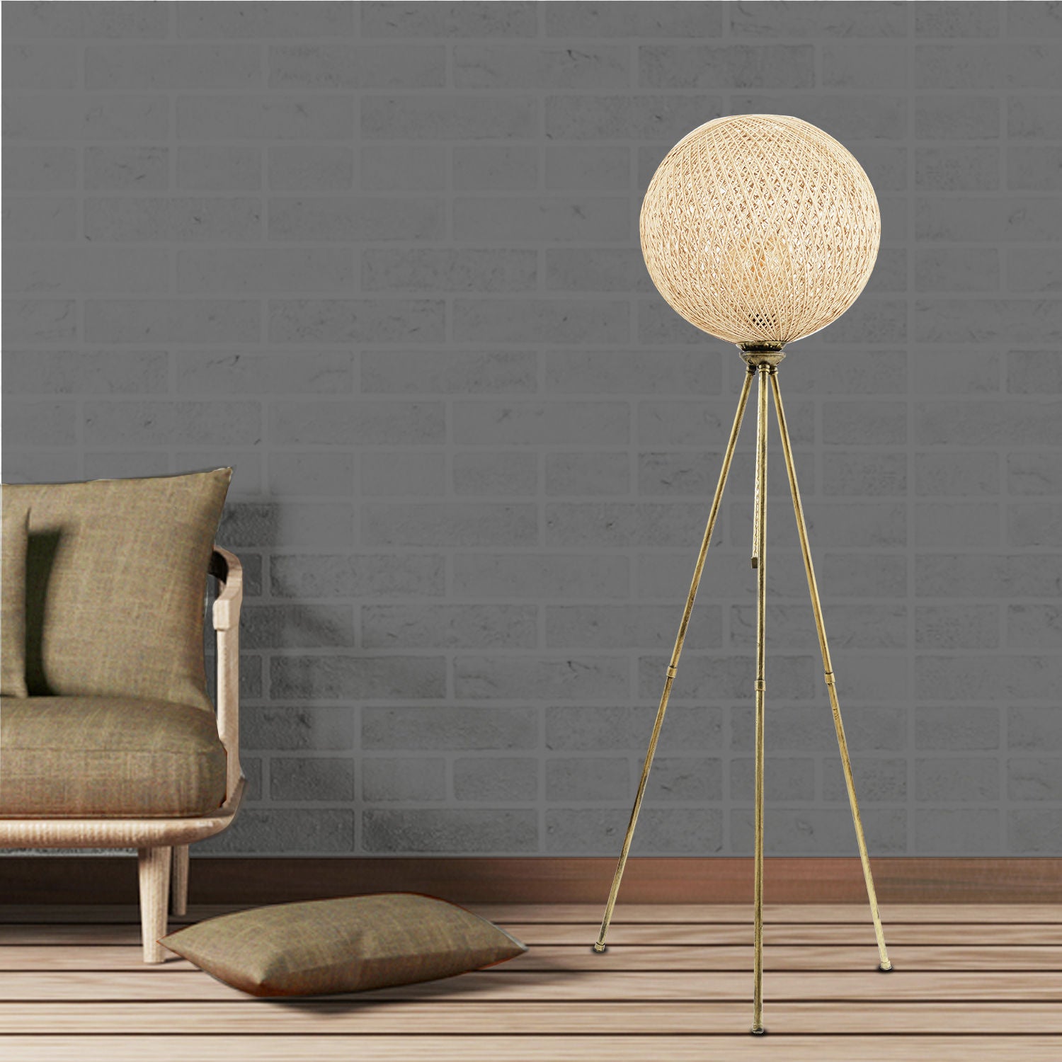 Lampadaire trépied Bolle boule cannage 138cm Métal et Jute Or