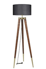 Lampadaire trépied Jack H160cm Bois de charme foncé, Métal Or et Tissu Noir