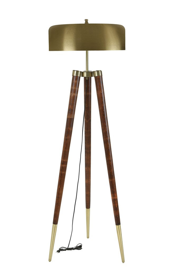 Lampadaire trépied Oronge H165cm Bois foncé et Métal Or