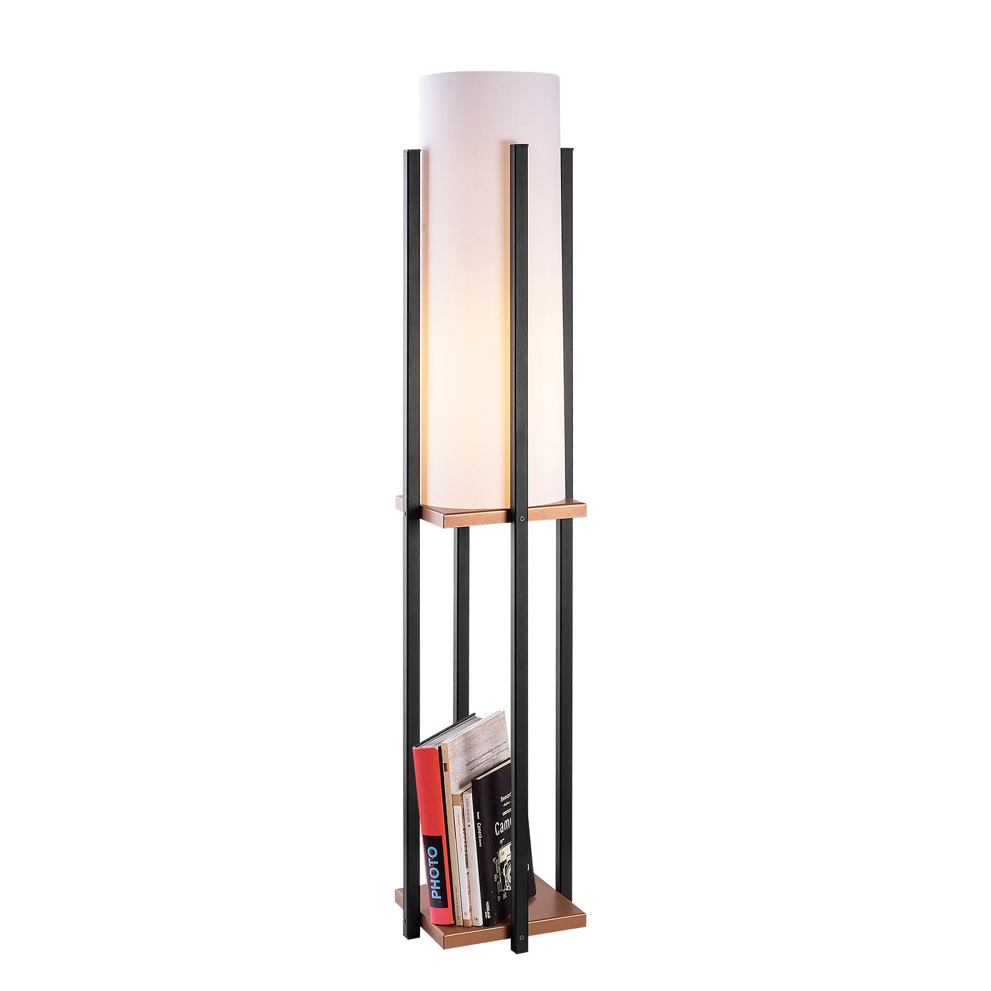 Lampadaire Ulkody 130cm Métal Noir et Cuivre et Tissu Blanc