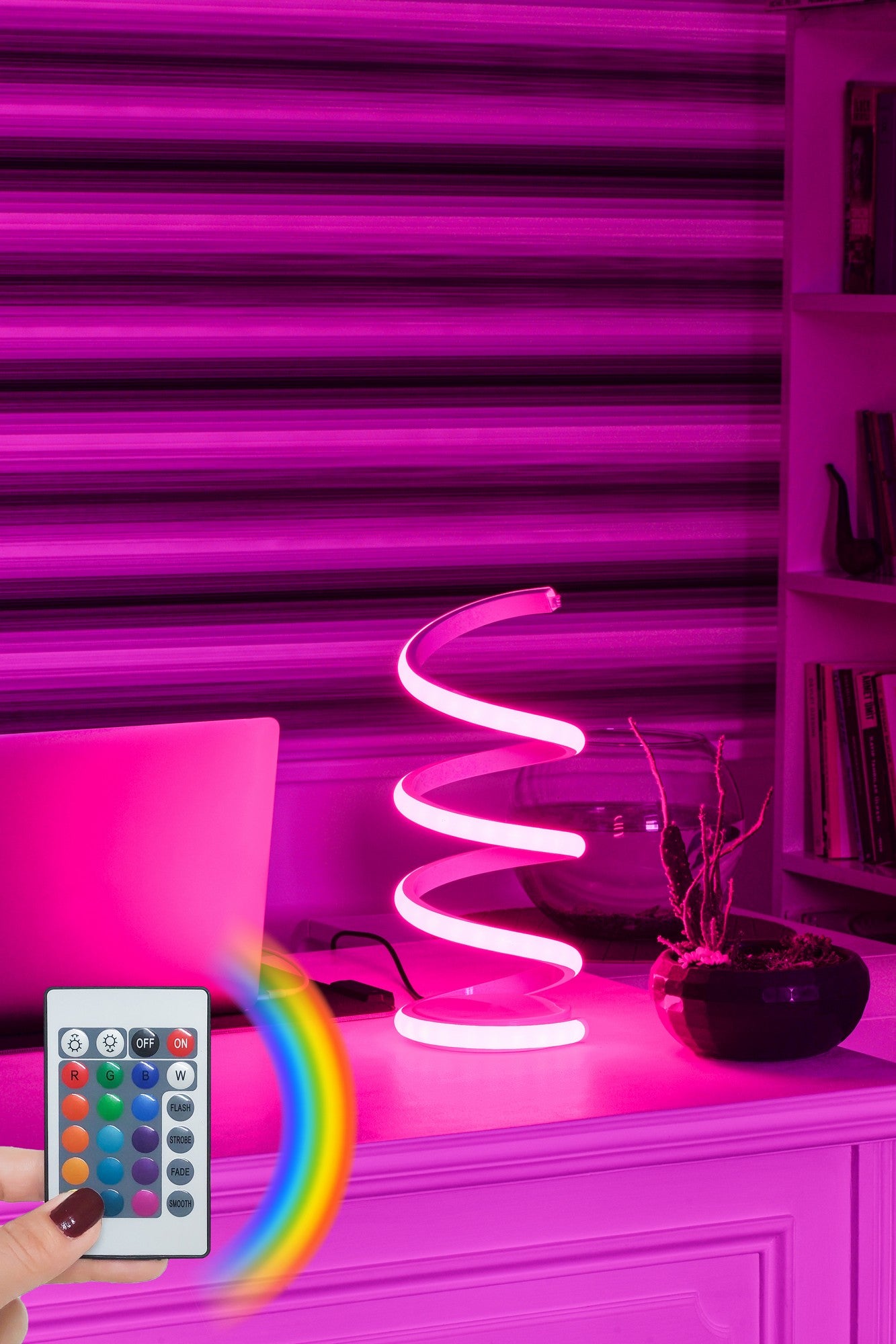 Lampe à poser design spiral Jonc H35cm Métal Blanc et LED Multicolore