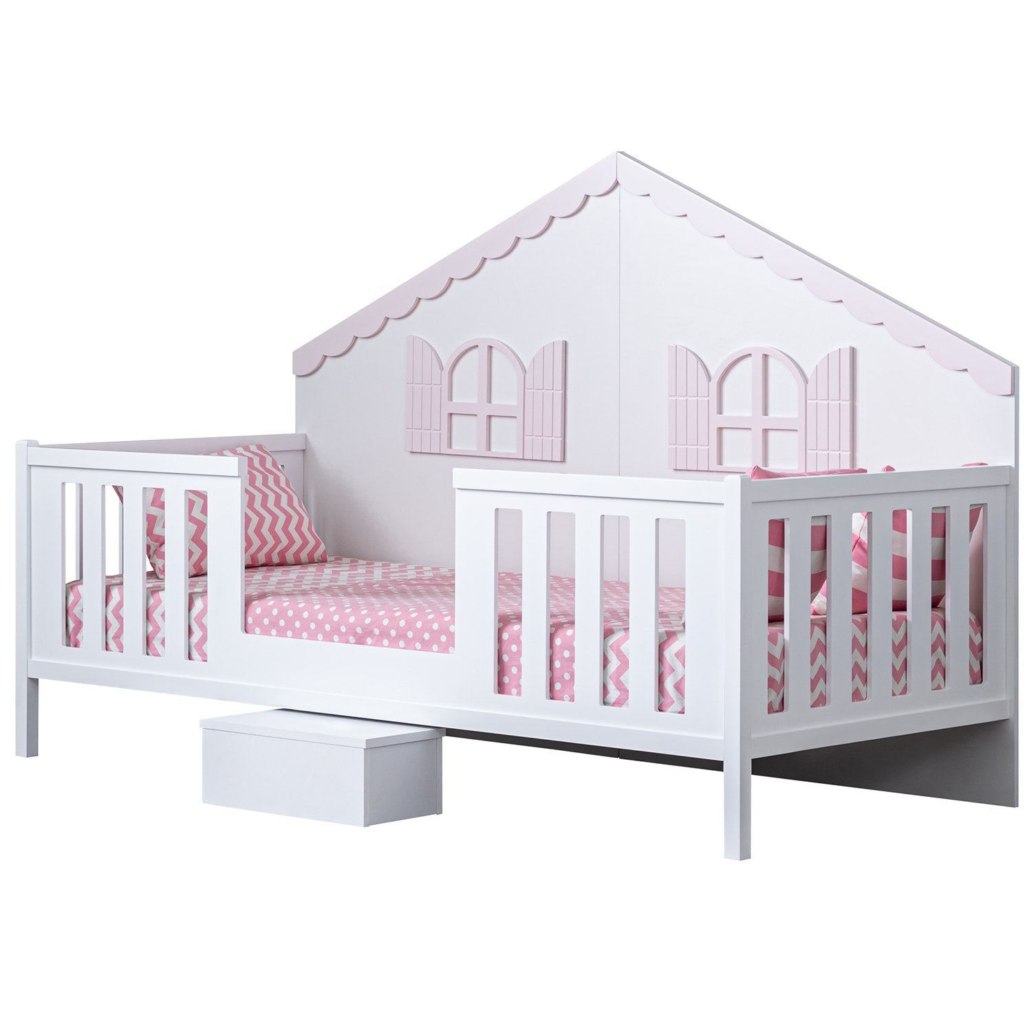 Lit pour enfant forme maison Rocro 90x190cm Blanc et Rose