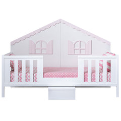 Lit pour enfant forme maison Rocro 90x190cm Blanc et Rose