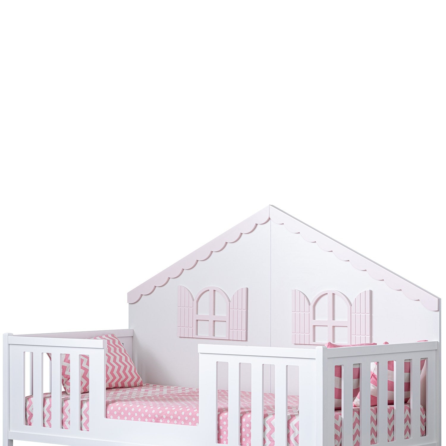 Lit pour enfant forme maison Rocro 90x190cm Blanc et Rose