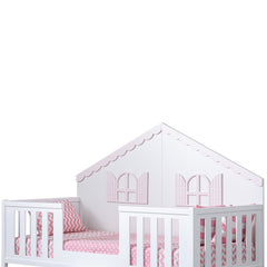 Lit pour enfant forme maison Rocro 90x190cm Blanc et Rose