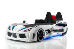 Lit voiture de course interactif pour enfant Currus Bois Blanc et LED Bleu et Blanc