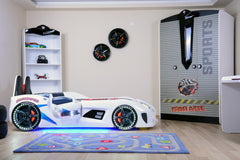 Lit voiture de course interactif pour enfant Currus Bois Blanc et LED Bleu et Blanc