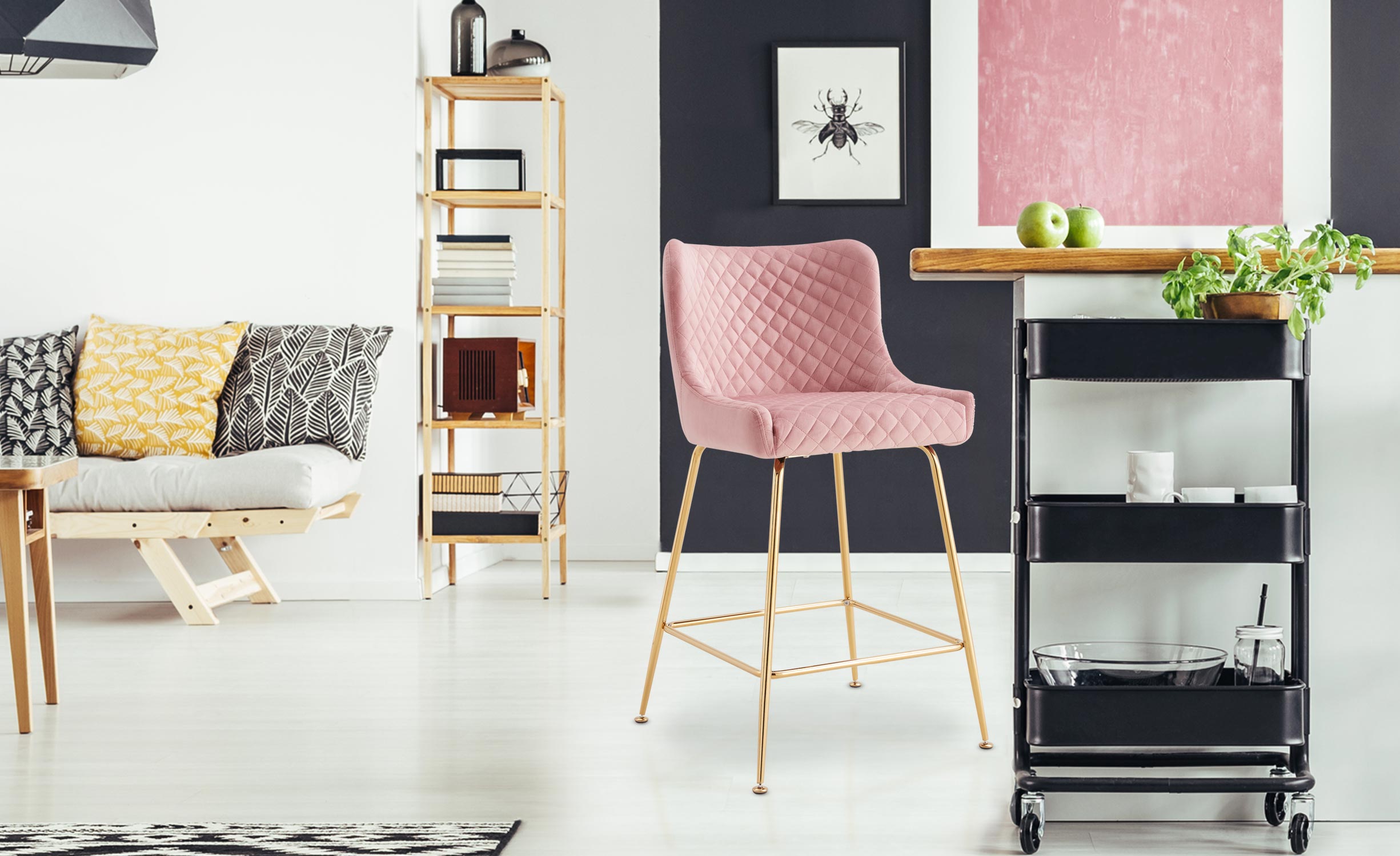 Lot de 2 chaises de bar Bellamy Velours Rose pieds Or
