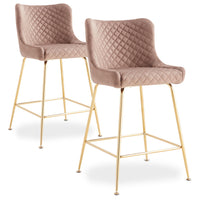 Paire de chaises de bar en velours taupe avec pieds en métal doré
