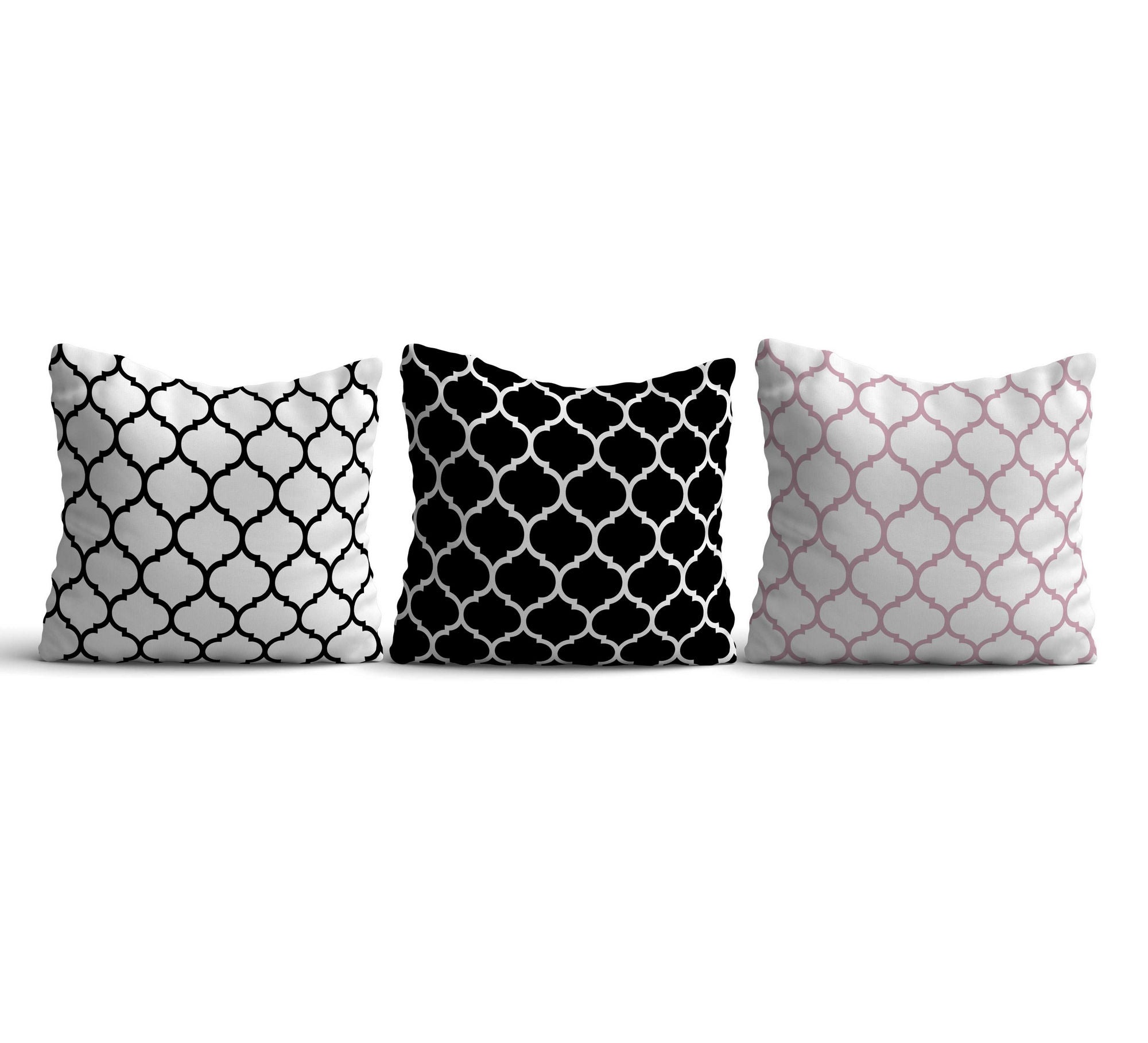 Lot de 3 coussins Awa 43x43cm Tissu Motif Marocaine Noir, Blanc et Rose