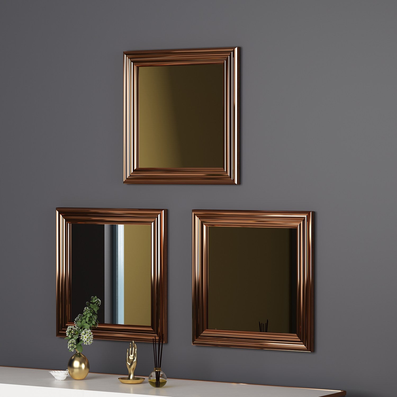 Lot de 3 miroirs murales Kafka 40x40cm Bois Bronze