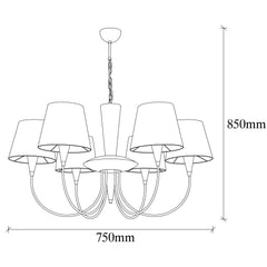 Lustre 6 branches arcs Dangigo D75cm Métal Or antique et Tissu Blanc crème