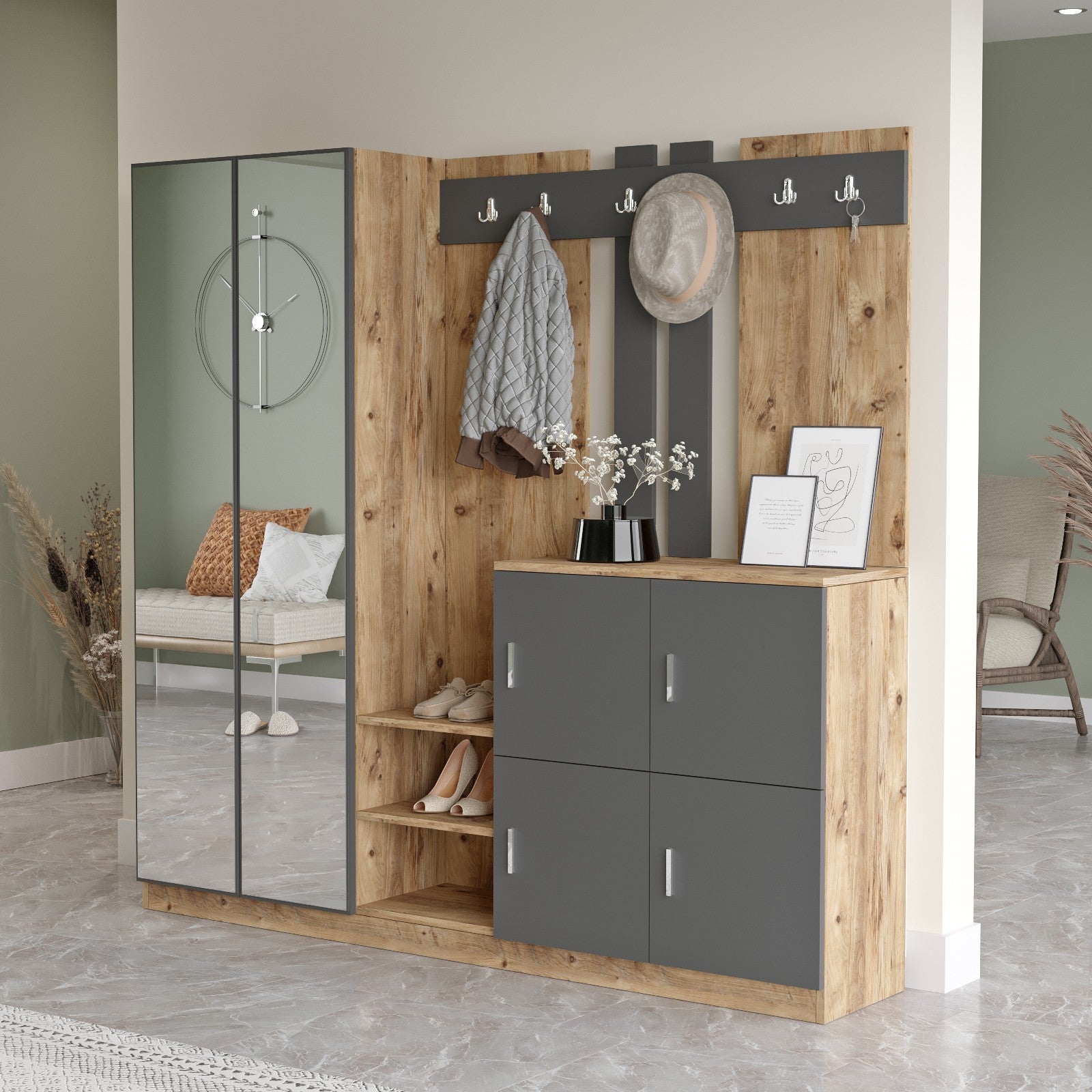 Meuble d'entré avec miroir Ascelina L187,2xH180cm Bois foncé et Anthracite