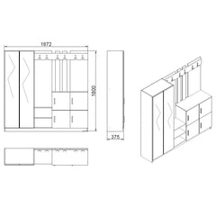 Meuble d'entré avec miroir Ascelina L187,2xH180cm Bois foncé et Anthracite