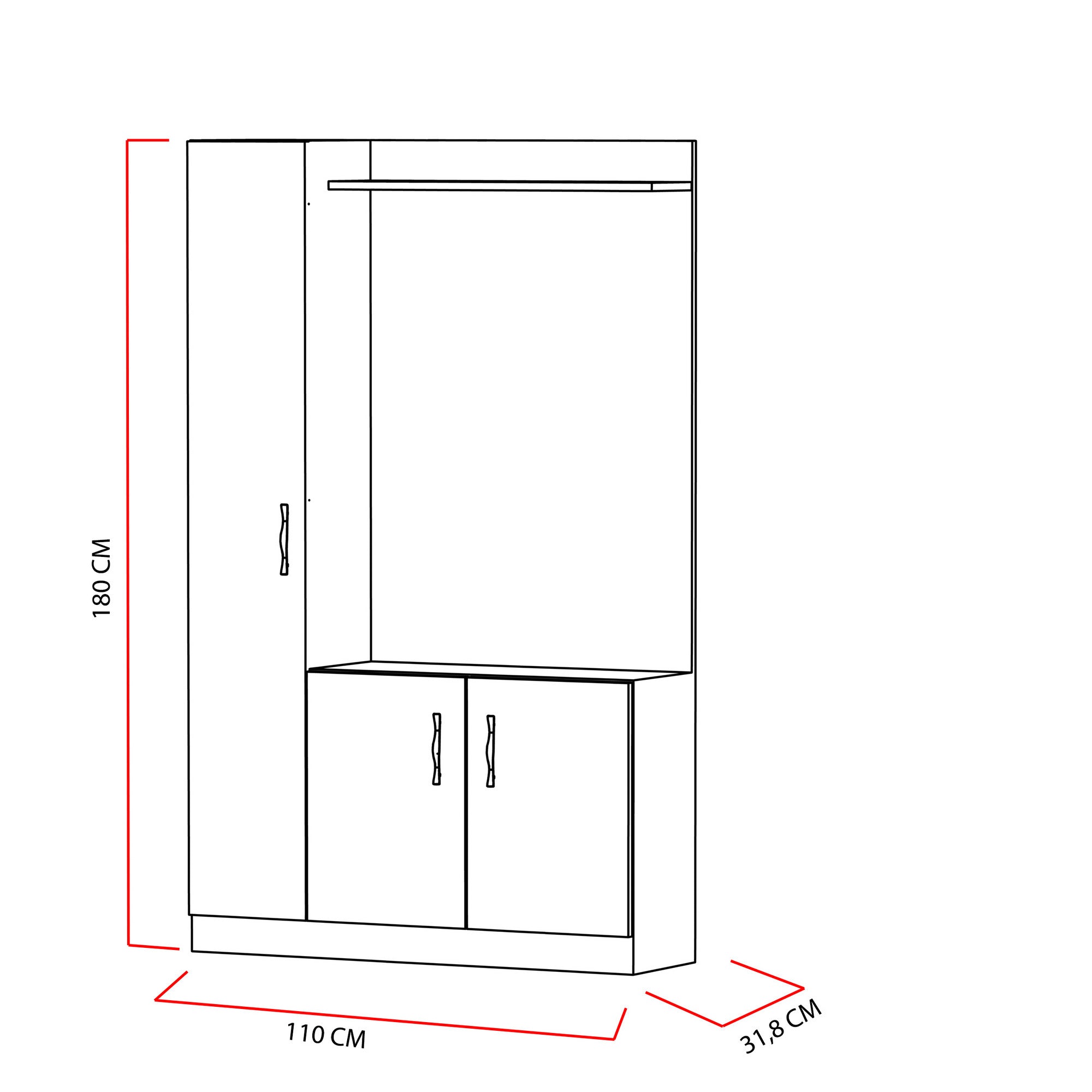 Meuble d'entrée 1 porte à gauche Lilmes L110xH180cm Bois Naturel et Blanc