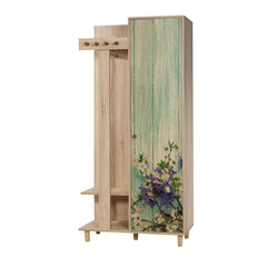 Meuble d'entrée 1 porte Repono L90xH194cm Bois Naturel et Motif Fleurs Blanc et Violet