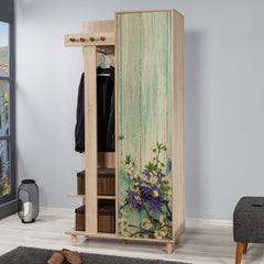 Meuble d'entrée 1 porte Repono L90xH194cm Bois Naturel et Motif Fleurs Blanc et Violet