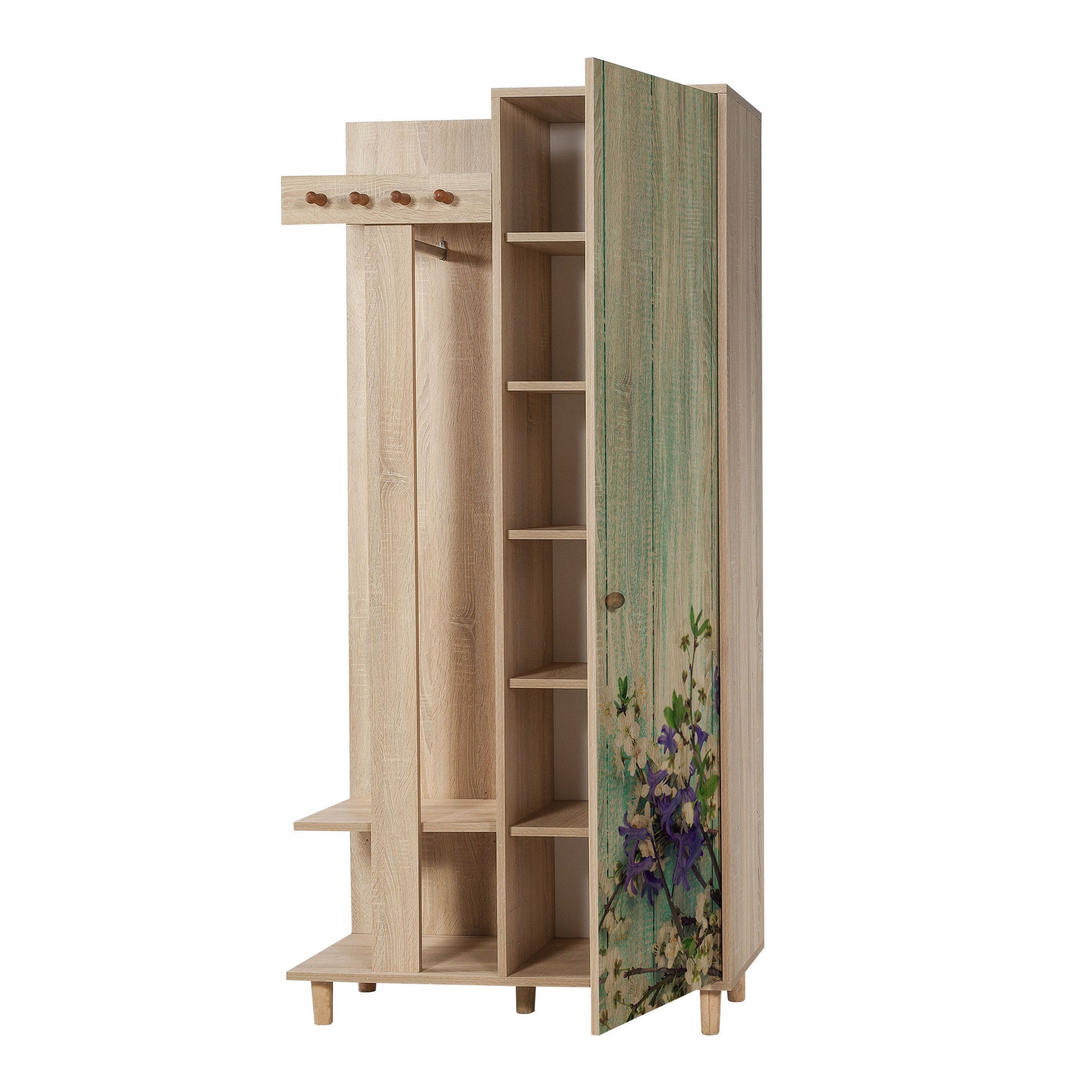 Meuble d'entrée 1 porte Repono L90xH194cm Bois Naturel et Motif Fleurs Blanc et Violet