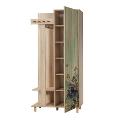 Meuble d'entrée 1 porte Repono L90xH194cm Bois Naturel et Motif Fleurs Blanc et Violet