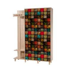 Meuble d'entrée 2 portes Repono L135xH194cm Bois Naturel et Motif Carreaux Multicolore