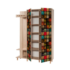 Meuble d'entrée 2 portes Repono L135xH194cm Bois Naturel et Motif Carreaux Multicolore