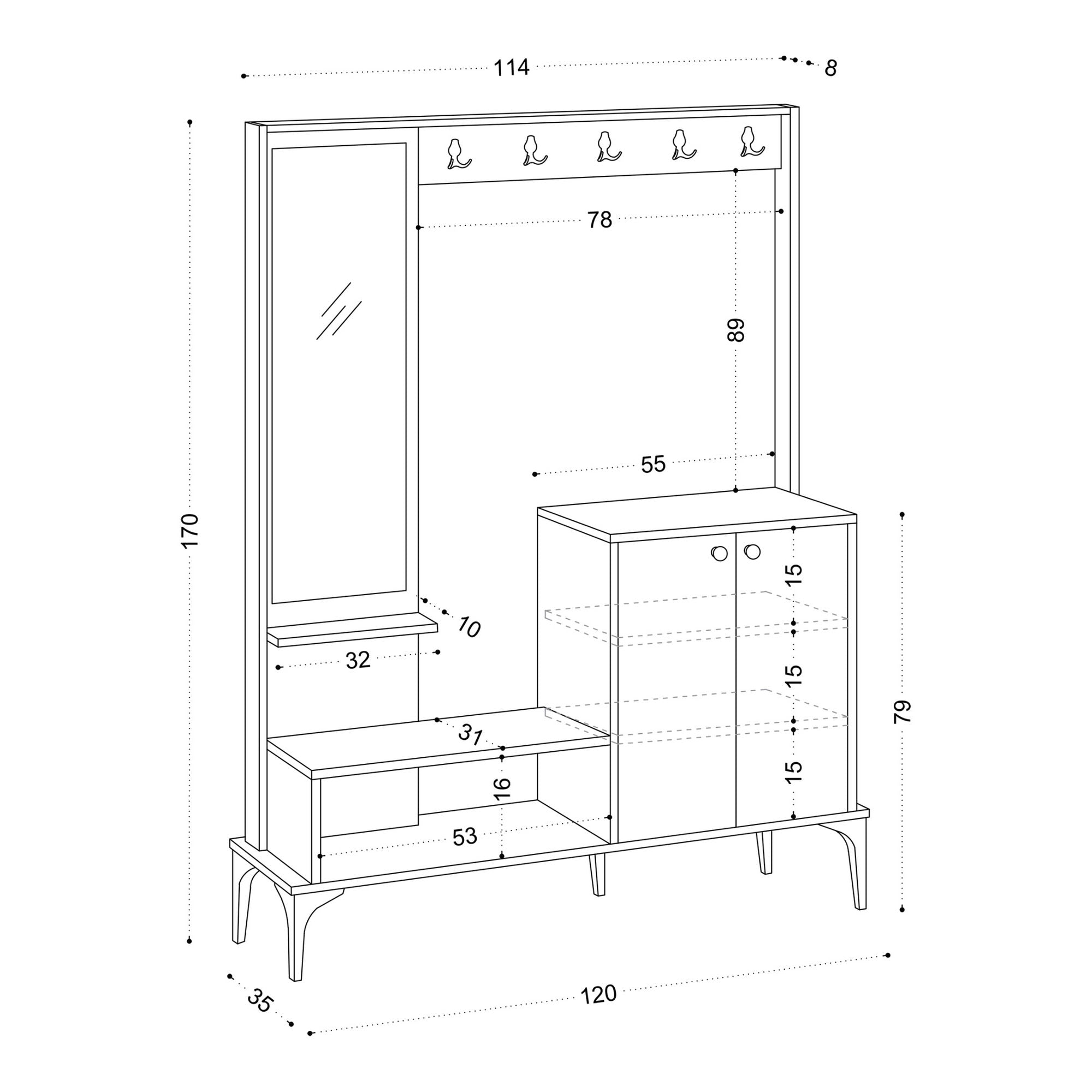 Meuble d'entrée avec miroir Shader H170cm Chêne clair