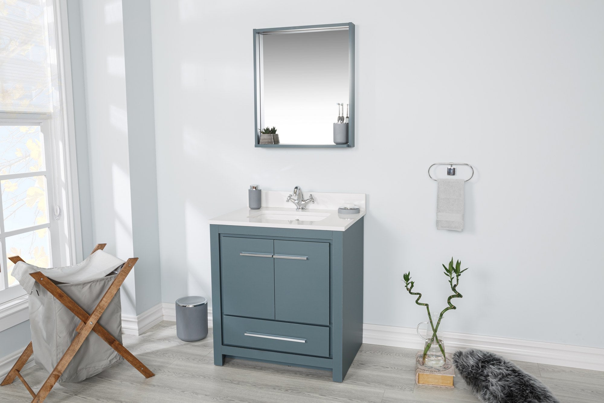 Meuble de salle de bain 75cm avec vasque et miroir L55xH80cm Ligha Bois massif Bleu