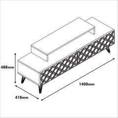 Meuble TV 2 portes basculante Dives L140cm Bois Motif Arabesque Blanc et Naturel