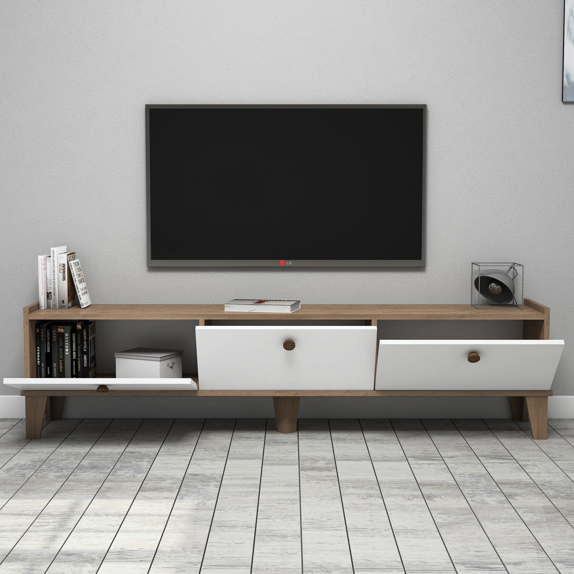 Meuble Tv 3 portes Blaz 178cm Chêne et Blanc