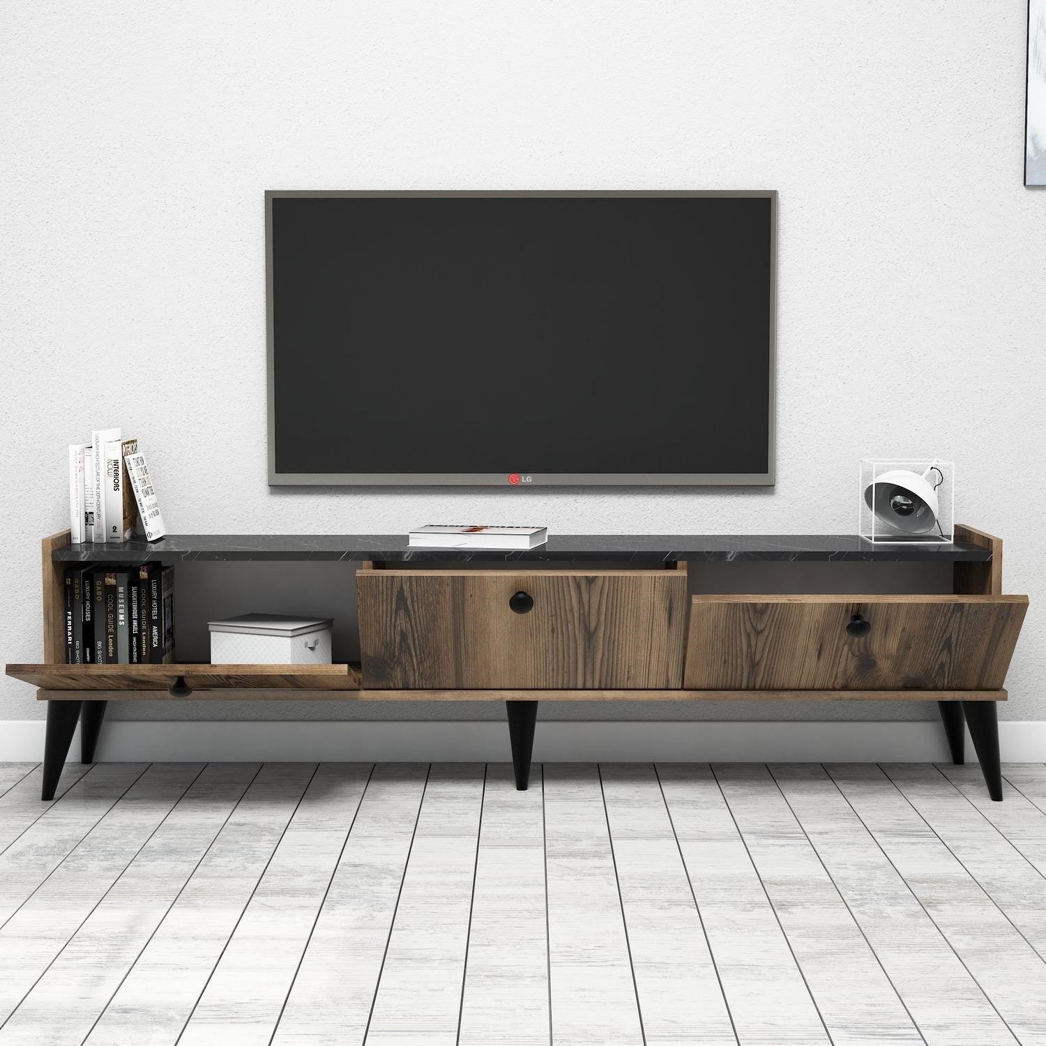 Meuble Tv 3 portes Blaze 180cm Bois Naturel et Noir effet marbre