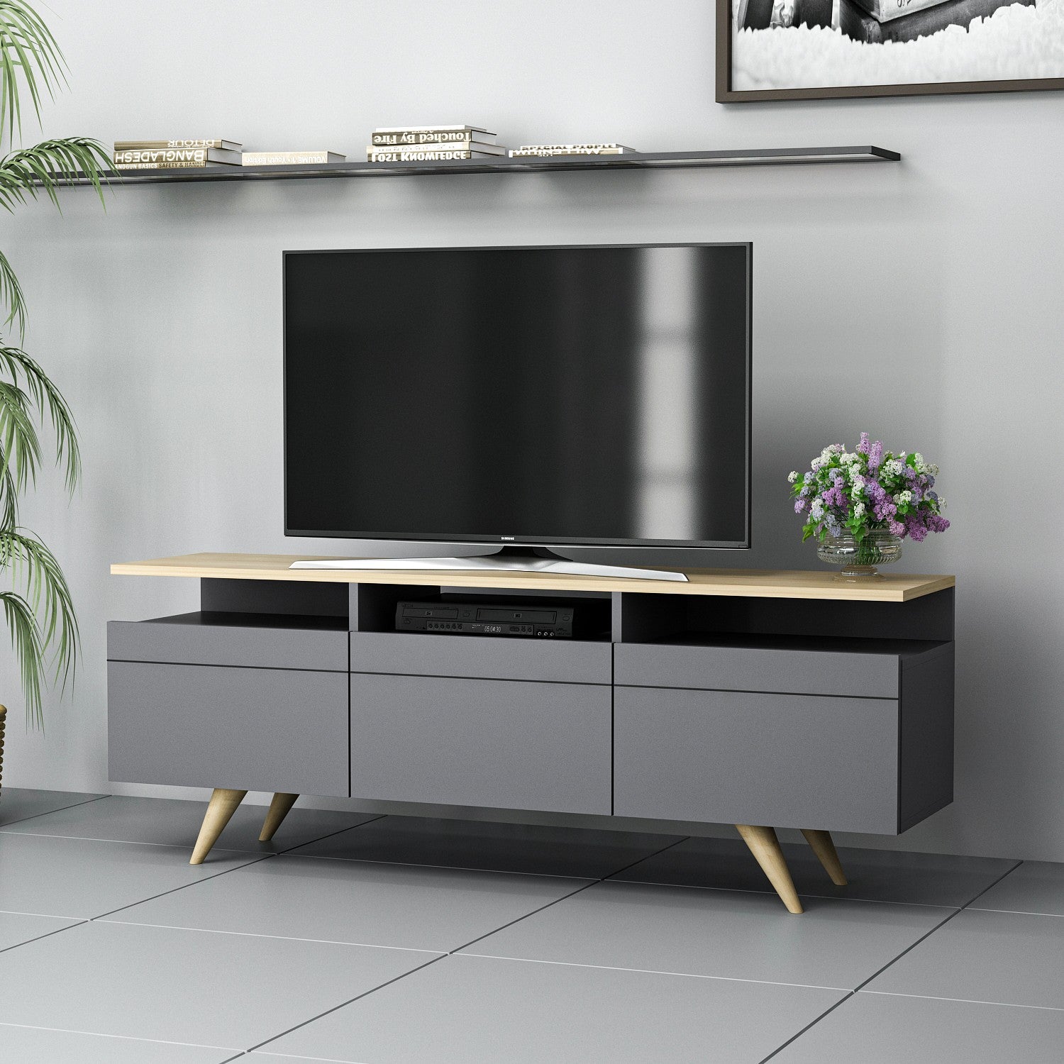 Meuble TV 3 portes et 3 tiroirs Kira 150cm Bois Chêne et Anthracite